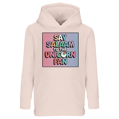 Say Salaam to the Unicorn Fan Design #1 Kids Hoodie – Creamy Pink / Oyster Pink featuring bold, bubble-style lettering in pastel tones over a pink-and-blue gradient. This comfy cotton-poly hooded top suits dressing up little dreamers in unicorn clothes without the frills of a dress. Made for children who bed down with stories of magic, style up for school, or swap party dresses for something more wearable — a modest unicorn outfit for girls (or boys) who love soft colour palettes and cartoony comfort.