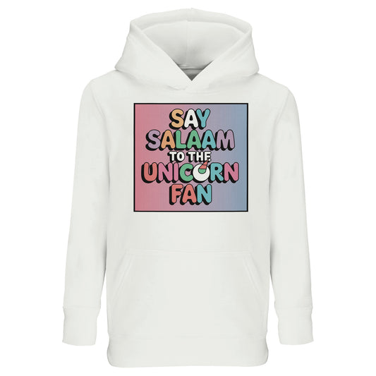 Say Salaam to the Unicorn Fan Design #1 Kids Hoodie – White / Platinum featuring bold, bubble-style unicorn-themed lettering over a soft pink-and-blue gradient. This comfy cotton-poly hooded top is perfect for dressing up little dreamers in unicorn clothes without the frills of a dress. Made for children who bed down with stories of magic, style up for school, or swap party dresses for something more wearable — a modest unicorn outfit for girls (or boys) who love colour, comfort, and cartoon graphics.