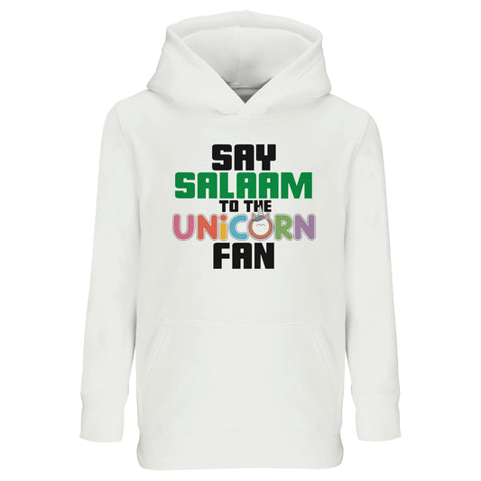Say Salaam to the Unicorn Fan Original Kids Hoodie – White / Platinum featuring playful unicorn bubble-lettering with a kawaii cartoon face. This modest cotton-poly hooded top is made for children who dream in colour and love unicorn clothes without the glitter. Designed for Muslim girls (or boys) who draw unicorns, swap party dresses for soft, comfy fits and bedtime stories for magic lands. A wearable, pastel-friendly, rainbow-toned hooded top perfect for Eid, birthdays, or that everyday unicorn energy.