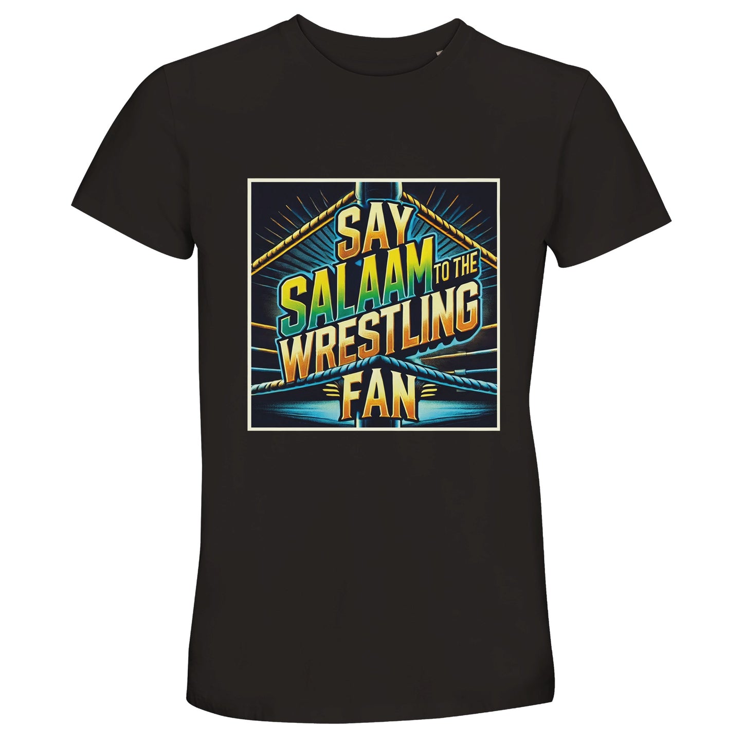 Say Salaam to the Wrestling Fan Design #1 50% Recycled Unisex Cotton T-Shirt – Deep Black / Zeus with a neon-coloured squared-circle design in bold green, yellow and electric blue. This fair-priced wrestling streetwear tee is designed for Muslim fans who stream RAW, SmackDown and WrestleMania. A sponsor-free, halal-friendly short-sleeve cotton essential for wrestling community culture, faith-first fashion and everyday wear. Sustainable, modest and made for chanters who live for PPV nights.