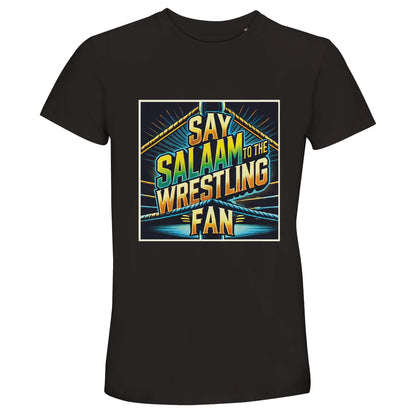 Say Salaam to the Wrestling Fan Design #1 50% Recycled Unisex Cotton T-Shirt – Deep Black / Zeus with a neon-coloured squared-circle design in bold green, yellow and electric blue. This fair-priced wrestling streetwear tee is designed for Muslim fans who stream RAW, SmackDown and WrestleMania. A sponsor-free, halal-friendly short-sleeve cotton essential for wrestling community culture, faith-first fashion and everyday wear. Sustainable, modest and made for chanters who live for PPV nights.
