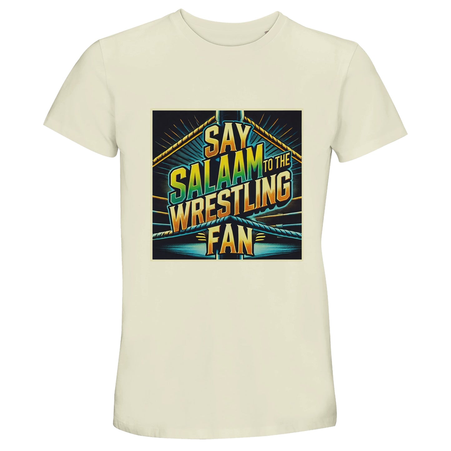 Say Salaam to the Wrestling Fan Design #1 50% Recycled Unisex Cotton T-Shirt – Natural / Moon Mist / Satin Linen / Beige featuring a striking wrestling-ring graphic in stacked lettering with bold neon tones. A modest, eco-conscious short-sleeve top for Muslim grappling fans who love old-school WWF throwbacks, AEW live shows, or indie circuits. Made from cotton for softness and everyday wear, this tee isn’t licensed merch but it’s arena-ready style. Halal, breathable, affordable, and packed with passion.