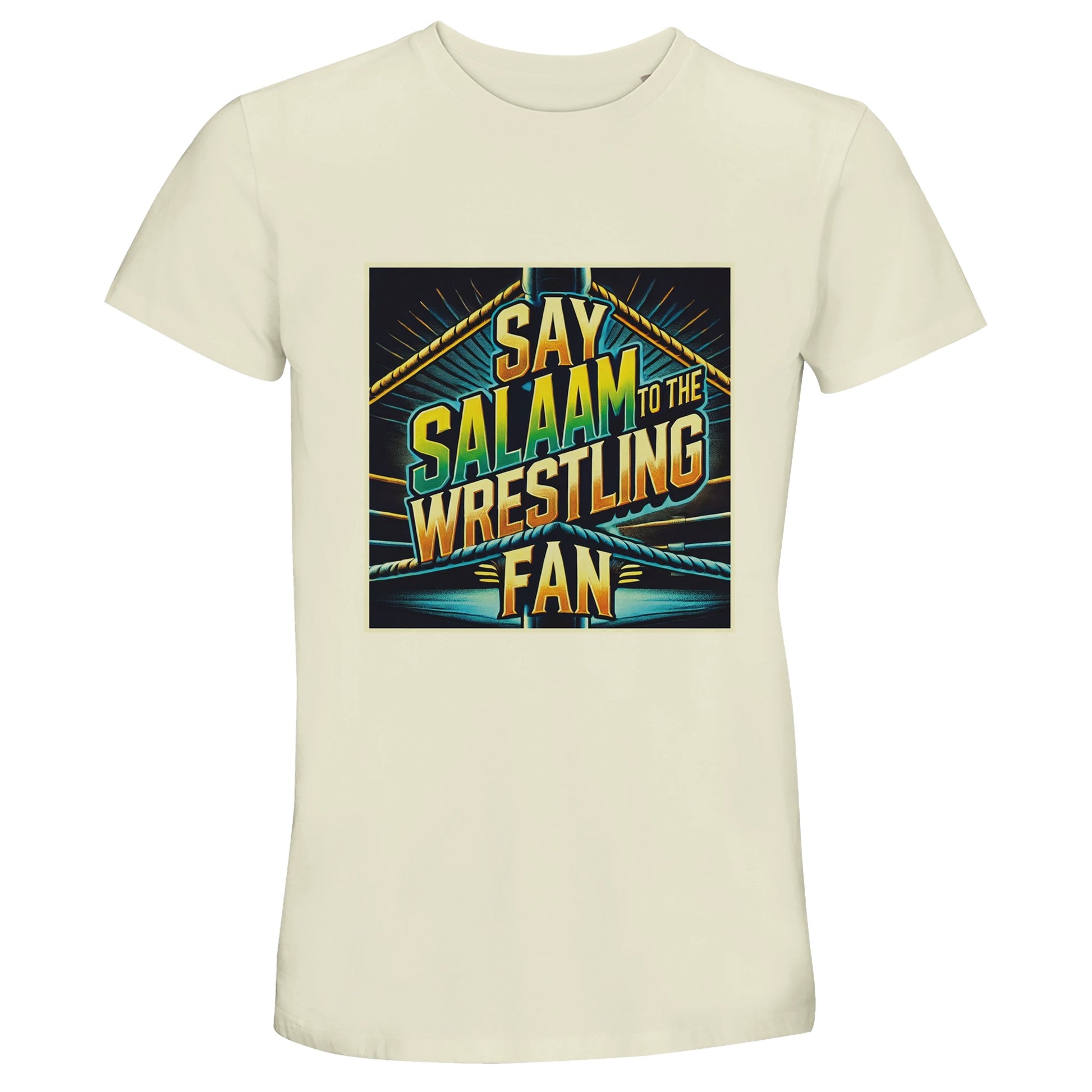 Say Salaam to the Wrestling Fan Design #1 50% Recycled Unisex Cotton T-Shirt – Natural / Moon Mist / Satin Linen / Beige featuring a striking wrestling-ring graphic in stacked lettering with bold neon tones. A modest, eco-conscious short-sleeve top for Muslim grappling fans who love old-school WWF throwbacks, AEW live shows, or indie circuits. Made from cotton for softness and everyday wear, this tee isn’t licensed merch but it’s arena-ready style. Halal, breathable, affordable, and packed with passion.