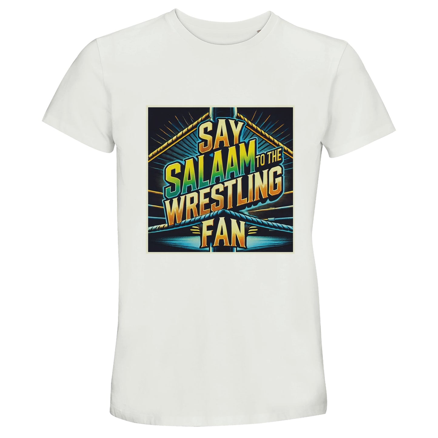 Say Salaam to the Wrestling Fan Design #1 50% Recycled Unisex Cotton T-Shirt – White / Platinum featuring a bold retro ring-side poster graphic in yellow, green and blue over black. This sustainable short-sleeve crew neck tee is modest, faith-friendly and built for wrestling culture lovers who follow pro wrestling streams, from WWE and AEW to NJPW. A breathable cotton essential for Muslims repping their sport without official merch prices. Halal streetwear with wrestling arena vibes and peace-first energy.