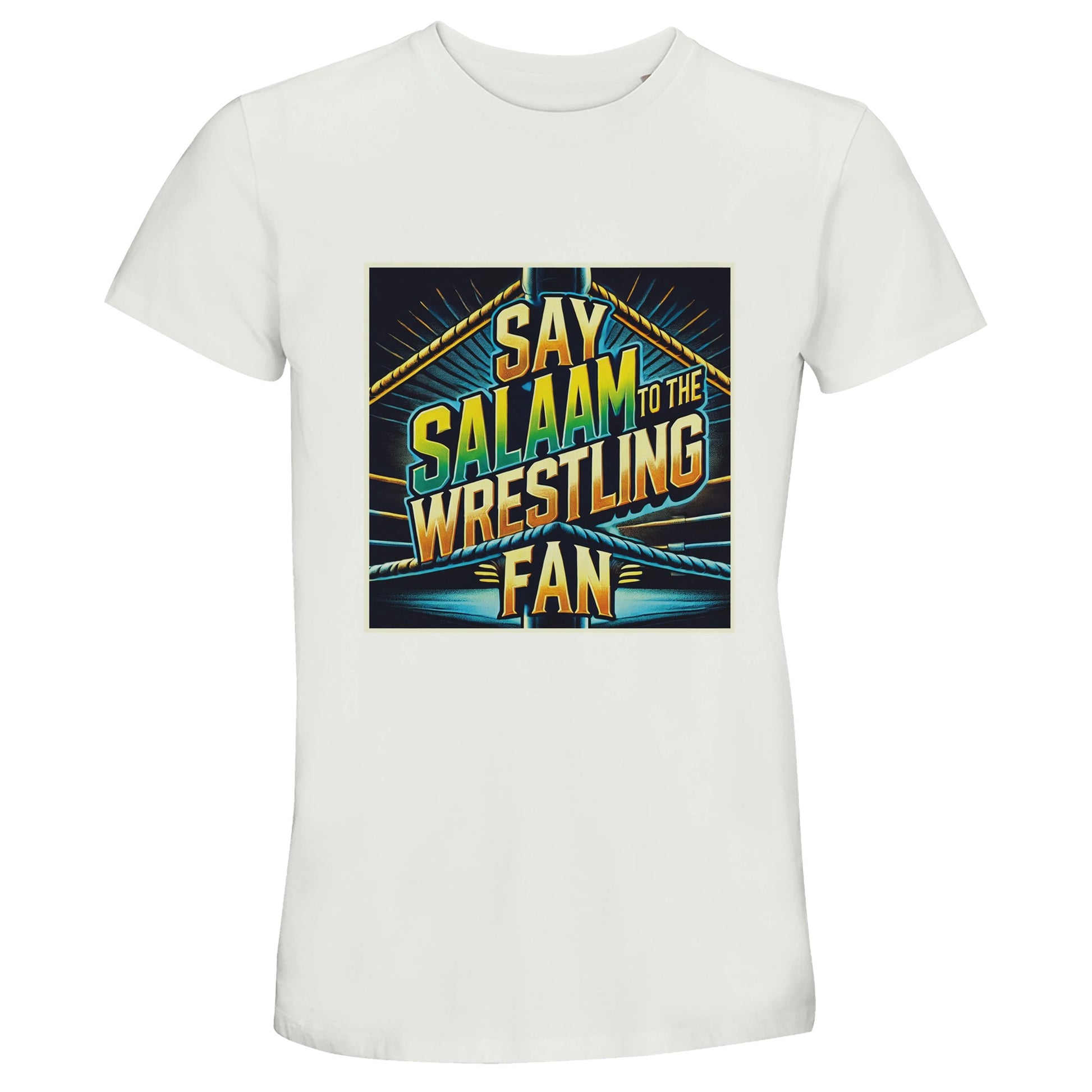Say Salaam to the Wrestling Fan Design #1 50% Recycled Unisex Cotton T-Shirt – White / Platinum featuring a bold retro ring-side poster graphic in yellow, green and blue over black. This sustainable short-sleeve crew neck tee is modest, faith-friendly and built for wrestling culture lovers who follow pro wrestling streams, from WWE and AEW to NJPW. A breathable cotton essential for Muslims repping their sport without official merch prices. Halal streetwear with wrestling arena vibes and peace-first energy.