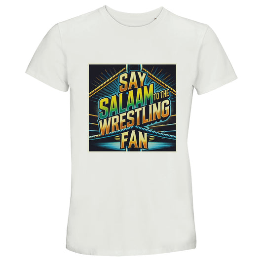 Say Salaam to the Wrestling Fan Design #1 50% Recycled Unisex Cotton T-Shirt – White / Platinum featuring a bold retro ring-side poster graphic in yellow, green and blue over black. This sustainable short-sleeve crew neck tee is modest, faith-friendly and built for wrestling culture lovers who follow pro wrestling streams, from WWE and AEW to NJPW. A breathable cotton essential for Muslims repping their sport without official merch prices. Halal streetwear with wrestling arena vibes and peace-first energy.