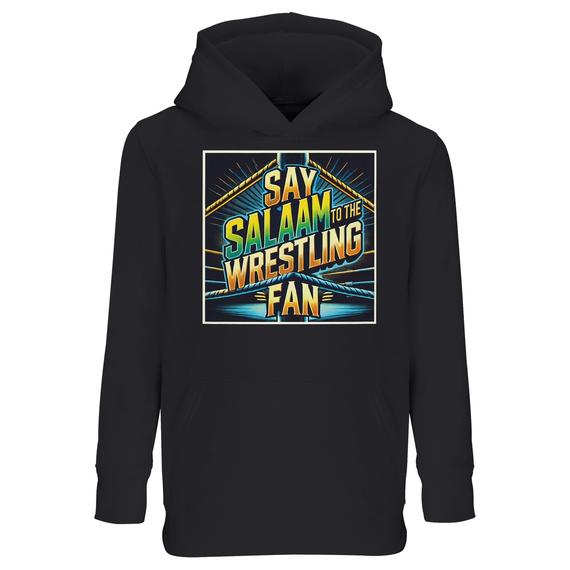 Say Salaam to the Wrestling Fan Design #1 Part-Recycled Cotton-Poly Kids Hoodie – Black / Deep Black / Zeus with bold vintage-poster lettering in gold, teal and lime over a ring-light burst. Built for Muslim children who stream pay-per-views, learn entrance themes and still keep it modest. Brushed eco fleece adds warmth without bulk; rib cuffs keep the fit tidy. A faith-positive, fair-priced wrestling hoodie for boys, girls and unisex fans who want sustainable sportswear, arena energy and after-school comfo
