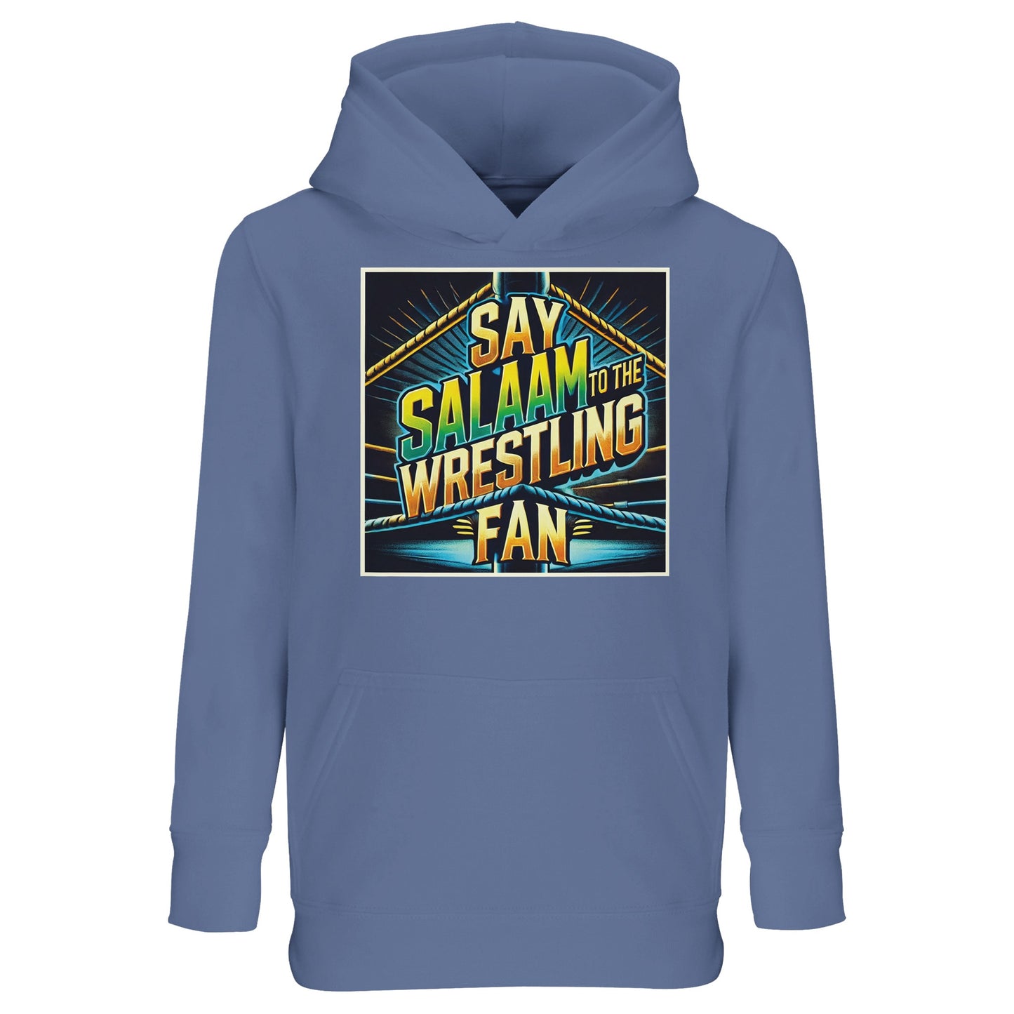 Say Salaam to the Wrestling Fan Design #1 Part-Recycled Cotton-Poly Kids Hoodie – Blue / Marble Blue / Blue-Grey / Waikawa Grey featuring neon-tinted ropes, spotlight beams and stacked type. For Muslim kids who practice promos before bedtime. The recycled cotton-poly blend brings soft warmth and easy laundering for busy families. Modest, unisex and sponsor-free, this fair-priced hoodie channels arena buzz into everyday outfits - the perfect layer for PE, prayer nights and weekend shows.