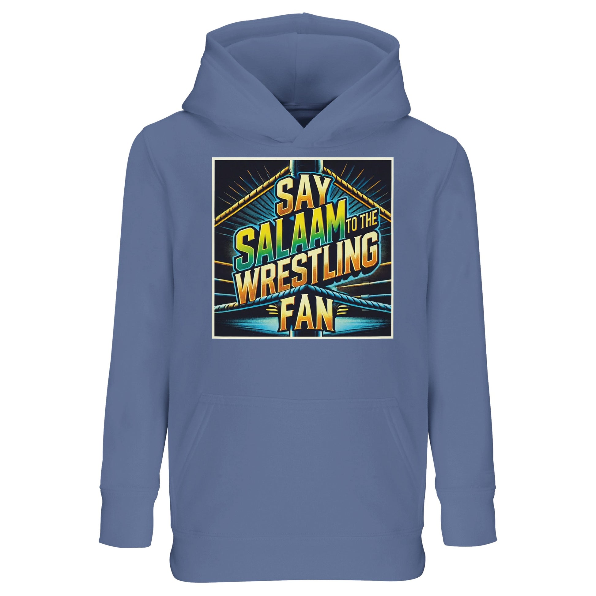 Say Salaam to the Wrestling Fan Design #1 Part-Recycled Cotton-Poly Kids Hoodie – Blue / Marble Blue / Blue-Grey / Waikawa Grey featuring neon-tinted ropes, spotlight beams and stacked type. For Muslim kids who practice promos before bedtime. The recycled cotton-poly blend brings soft warmth and easy laundering for busy families. Modest, unisex and sponsor-free, this fair-priced hoodie channels arena buzz into everyday outfits - the perfect layer for PE, prayer nights and weekend shows.