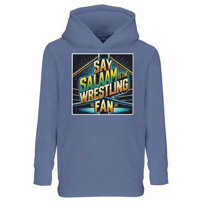 Say Salaam to the Wrestling Fan Design #1 Part-Recycled Cotton-Poly Kids Hoodie – Blue / Marble Blue / Blue-Grey / Waikawa Grey featuring neon-tinted ropes, spotlight beams and stacked type. For Muslim kids who practice promos before bedtime. The recycled cotton-poly blend brings soft warmth and easy laundering for busy families. Modest, unisex and sponsor-free, this fair-priced hoodie channels arena buzz into everyday outfits - the perfect layer for PE, prayer nights and weekend shows.