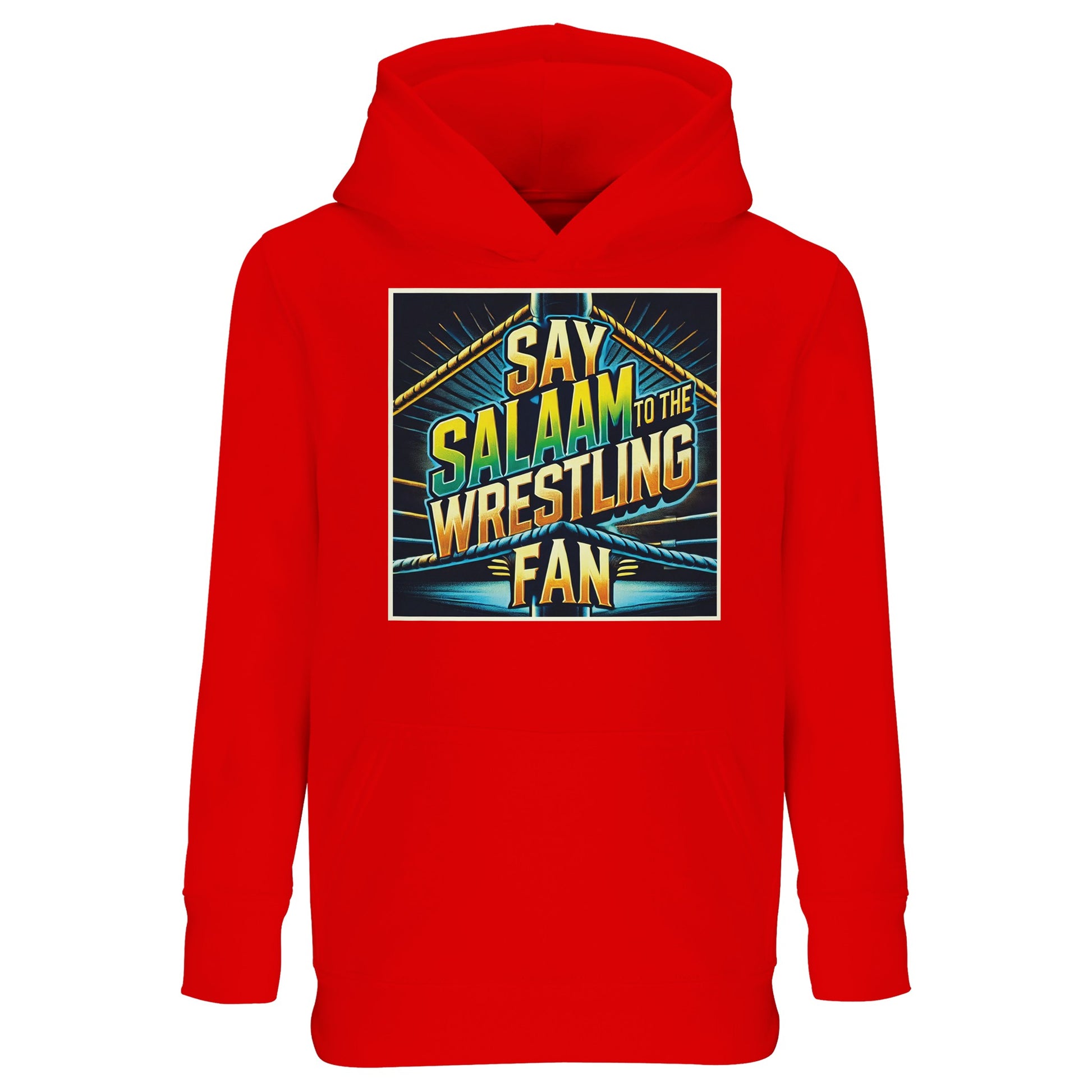 Say Salaam to the Wrestling Fan Design #1 Part-Recycled Cotton-Poly Kids Hoodie – Bright Red / Rosso Corsa featuring ring-rope stripes and spotlight rays in teal, yellow and blue. A bold, modest hoodie for Muslim kids who learn legendary finishers and compare title runs. The cotton-poly fleece is soft, warm and wash-friendly; kangaroo pocket stores snacks or stickers. Unisex and priced right, it’s sustainable wrestling streetwear for growing superfans who love energy, etiquette and the Islamic hello.