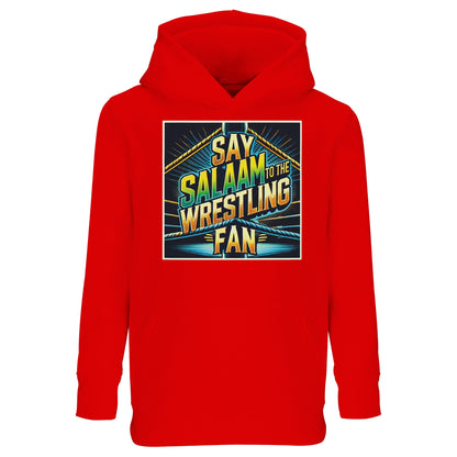 Say Salaam to the Wrestling Fan Design #1 Part-Recycled Cotton-Poly Kids Hoodie – Bright Red / Rosso Corsa featuring ring-rope stripes and spotlight rays in teal, yellow and blue. A bold, modest hoodie for Muslim kids who learn legendary finishers and compare title runs. The cotton-poly fleece is soft, warm and wash-friendly; kangaroo pocket stores snacks or stickers. Unisex and priced right, it’s sustainable wrestling streetwear for growing superfans who love energy, etiquette and the Islamic hello.