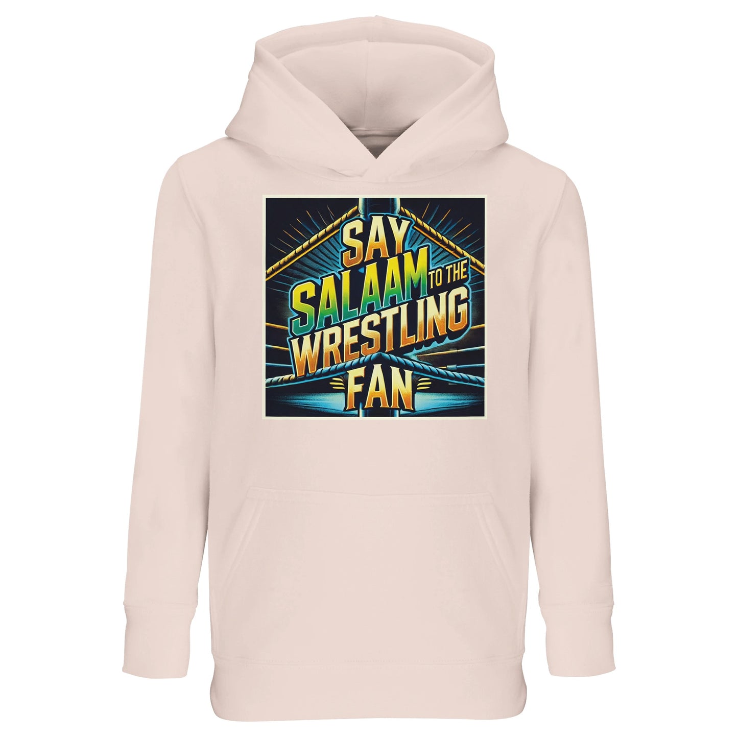 Say Salaam to the Wrestling Fan Design #1 Part-Recycled Cotton-Poly Kids Hoodie – Creamy Pink / Oyster Pink with a neon-edge ring print that pops against a pastel base. Made for Muslim wrestling fans who memorize themes and keep it modest. Recycled fleece offers gentle warmth and year-round comfort; cuffed sleeves hold shape after washes. A unisex, sponsor-free hoodie at a fair price, mixing faith, colour and crowd buzz for everyday outfits - perfect for school, family streams aand post-match wind-downs.
