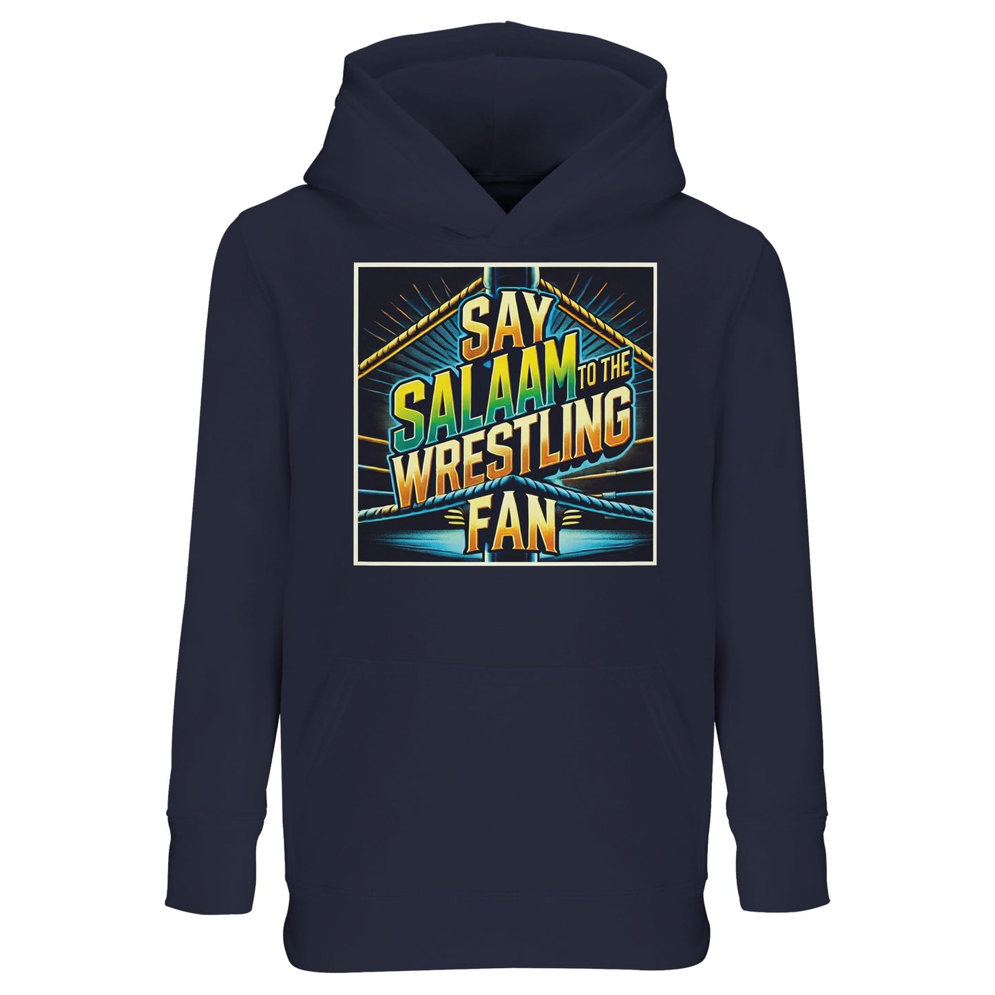 Say Salaam to the Wrestling Fan Design #1 Part-Recycled Cotton-Poly Kids Hoodie – French Navy / Ebony Clay with a high-contrast ring-stage print in yellow, teal and green. Designed for modest, Muslim wrestling lovers who replay finishers. Eco-conscious fleece delivers warmth, softness and everyday durability. A unisex kids hoodie that pairs with joggers or jeans, priced fairly and made to last. Not official merch - just halal sports streetwear made for entrances, exits and everything between.