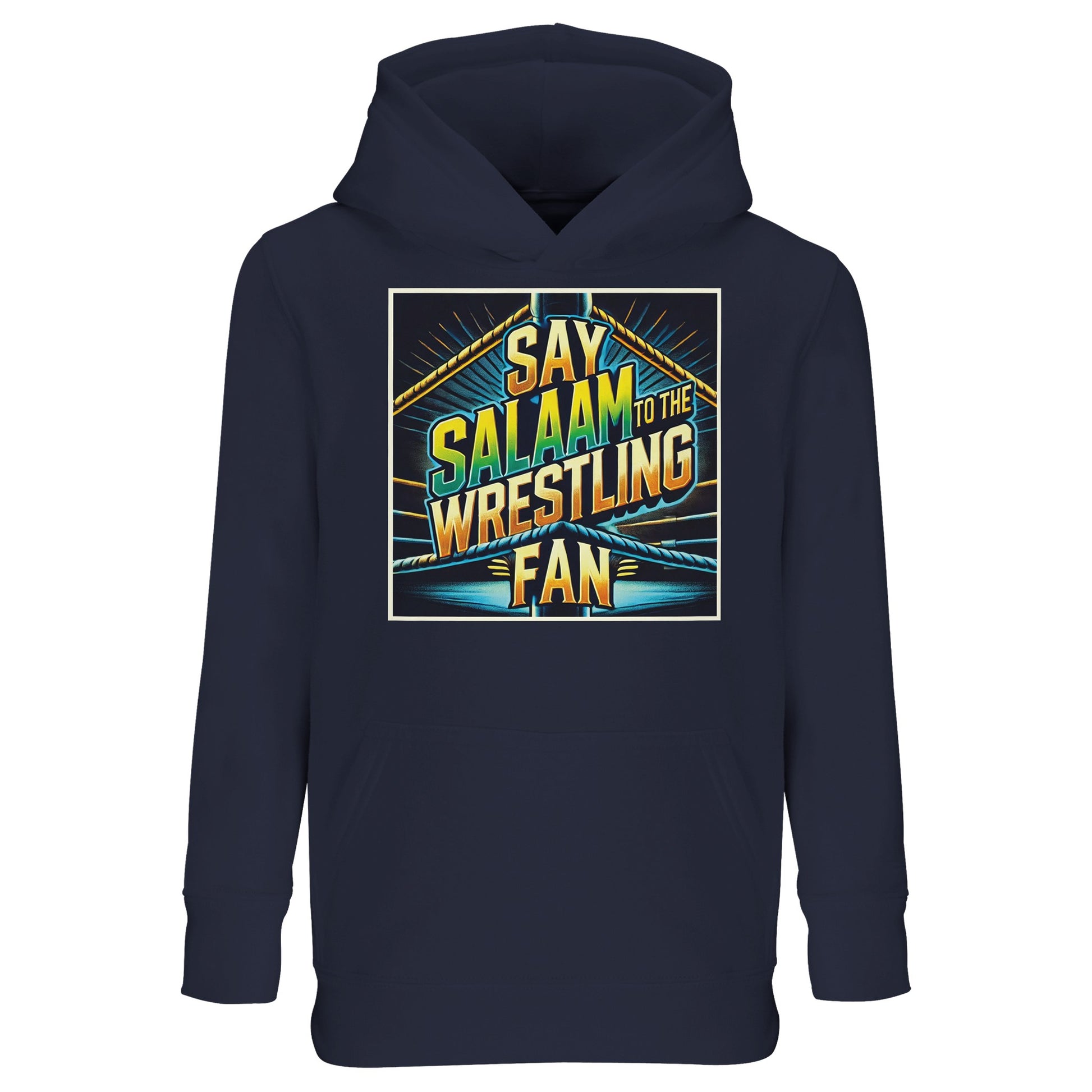 Say Salaam to the Wrestling Fan Design #1 Part-Recycled Cotton-Poly Kids Hoodie – French Navy / Ebony Clay with a high-contrast ring-stage print in yellow, teal and green. Designed for modest, Muslim wrestling lovers who replay finishers. Eco-conscious fleece delivers warmth, softness and everyday durability. A unisex kids hoodie that pairs with joggers or jeans, priced fairly and made to last. Not official merch - just halal sports streetwear made for entrances, exits and everything between.
