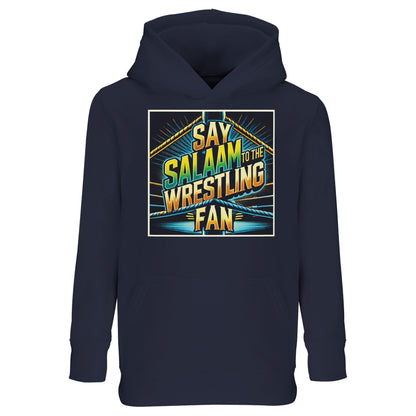Say Salaam to the Wrestling Fan Design #1 Part-Recycled Cotton-Poly Kids Hoodie – French Navy / Ebony Clay with a high-contrast ring-stage print in yellow, teal and green. Designed for modest, Muslim wrestling lovers who replay finishers. Eco-conscious fleece delivers warmth, softness and everyday durability. A unisex kids hoodie that pairs with joggers or jeans, priced fairly and made to last. Not official merch - just halal sports streetwear made for entrances, exits and everything between.