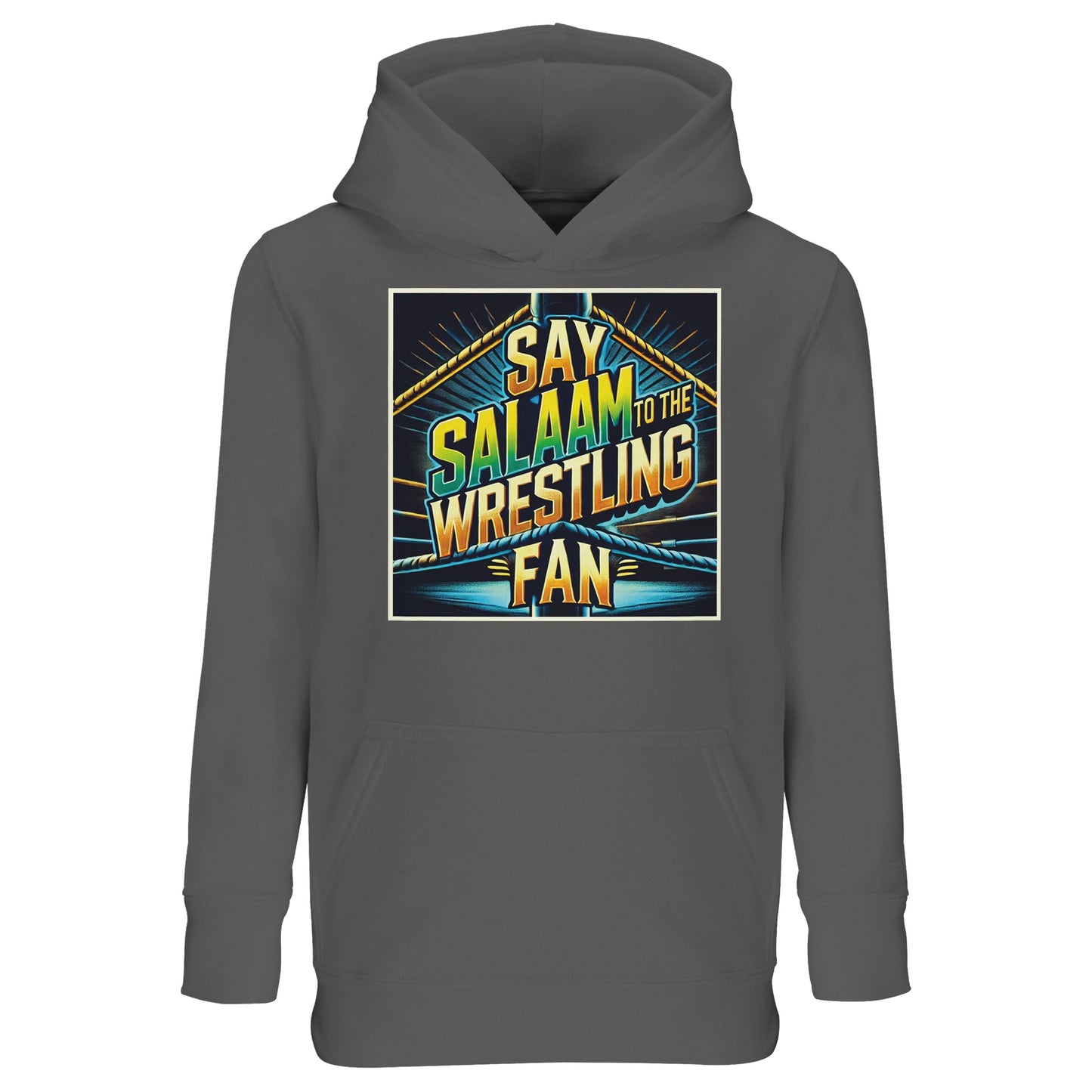 Say Salaam to the Wrestling Fan Design #1 Part-Recycled Cotton-Poly Kids Hoodie – Grey Melange / Heather Grey / Marl Grey / Classic Athletic Grey Blend with a retro ring graphic in gold, aqua and lime. A modest, unisex hoodie for Muslim wrestling fans who love loud crowds, delivered in a calm neutral for daily wear. Fleece adds breathable warmth; the fit layers cleanly under coats. Ethical, long-lasting and sensibly priced streetwear that keeps junior superfans comfy from school run to suhoor.