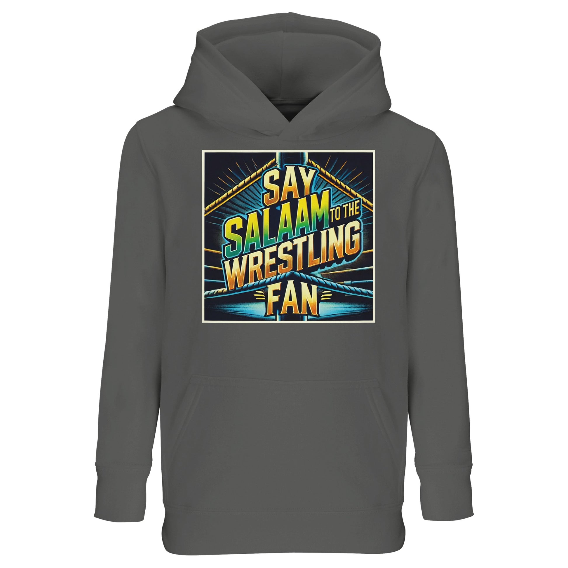 Say Salaam to the Wrestling Fan Design #1 Part-Recycled Cotton-Poly Kids Hoodie – Grey Melange / Heather Grey / Marl Grey / Classic Athletic Grey Blend with a retro ring graphic in gold, aqua and lime. A modest, unisex hoodie for Muslim wrestling fans who love loud crowds, delivered in a calm neutral for daily wear. Fleece adds breathable warmth; the fit layers cleanly under coats. Ethical, long-lasting and sensibly priced streetwear that keeps junior superfans comfy from school run to suhoor.