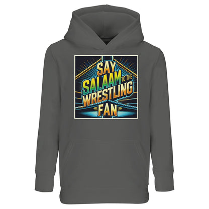 Say Salaam to the Wrestling Fan Design #1 Part-Recycled Cotton-Poly Kids Hoodie – Grey Melange / Heather Grey / Marl Grey / Classic Athletic Grey Blend with a retro ring graphic in gold, aqua and lime. A modest, unisex hoodie for Muslim wrestling fans who love loud crowds, delivered in a calm neutral for daily wear. Fleece adds breathable warmth; the fit layers cleanly under coats. Ethical, long-lasting and sensibly priced streetwear that keeps junior superfans comfy from school run to suhoor.