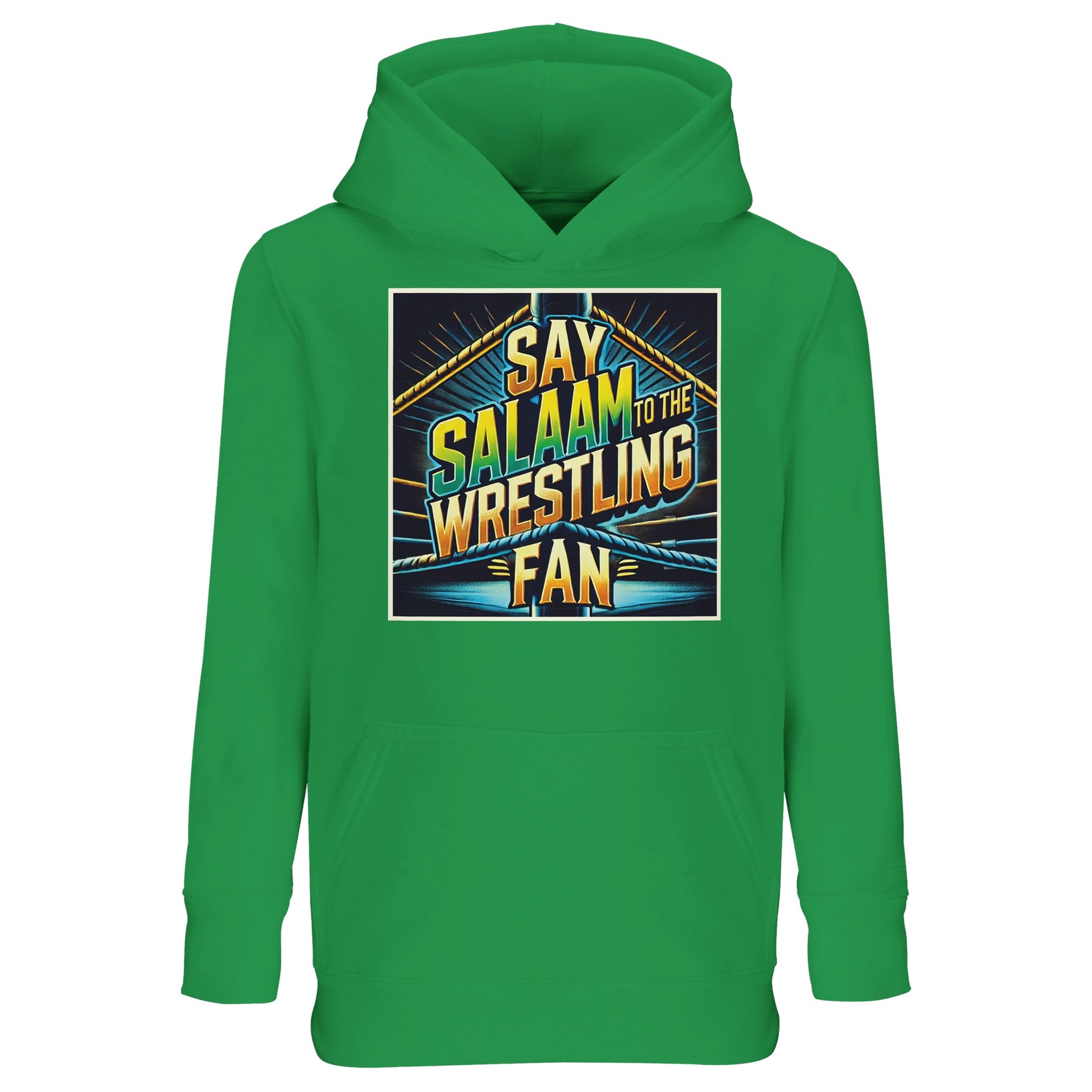 Say Salaam to the Wrestling Fan Design #1 Part-Recycled Cotton-Poly Kids Hoodie – Kelly Green featuring ring-corner spotlight art in bold yellow, teal and blue. Built for Muslim kids who copy finishers on cushions and still remember to say Salaam. The eco cotton-poly fleece is soft, warm and easy to wash; rib trims keep tumbles tidy. Faith-friendly, sponsor-free and fairly priced, this unisex hoodie turns playgrounds into arenas - sustainable sports style for future champs who like belts, brackets and big e