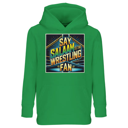 Say Salaam to the Wrestling Fan Design #1 Part-Recycled Cotton-Poly Kids Hoodie – Kelly Green featuring ring-corner spotlight art in bold yellow, teal and blue. Built for Muslim kids who copy finishers on cushions and still remember to say Salaam. The eco cotton-poly fleece is soft, warm and easy to wash; rib trims keep tumbles tidy. Faith-friendly, sponsor-free and fairly priced, this unisex hoodie turns playgrounds into arenas - sustainable sports style for future champs who like belts, brackets and big e