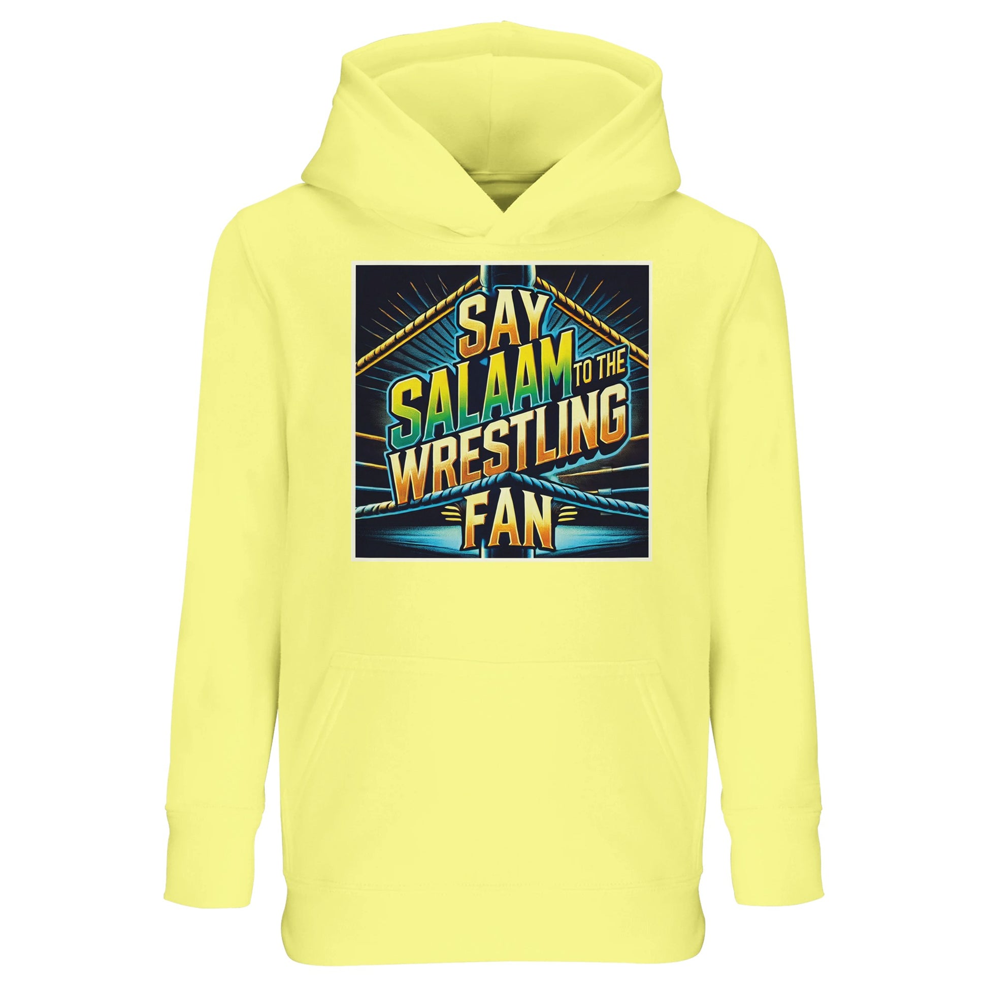 Say Salaam to the Wrestling Fan Design #1 Part-Recycled Cotton-Poly Kids Hoodie – Light Yellow / Lemon Chiffon with a colourful squared-ring motif and stacked text. Ideal for Muslim children who draw masks, track rankings and cheer respectfully. Recycled fleece brings cosy cold weather clothing warmth; breathable enough for school halls. Modest, unisex and great value, this hoodie celebrates faith and fandom - a bright, sponsor-free layer for match nights, mosque meetups and weekend rewind sessions.