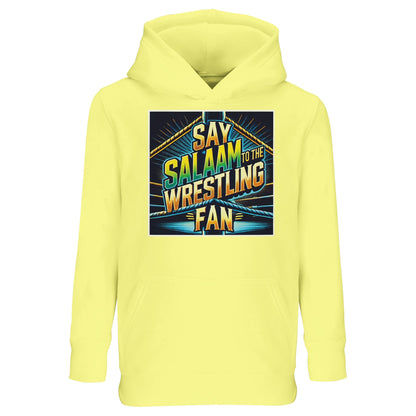Say Salaam to the Wrestling Fan Design #1 Part-Recycled Cotton-Poly Kids Hoodie – Light Yellow / Lemon Chiffon with a colourful squared-ring motif and stacked text. Ideal for Muslim children who draw masks, track rankings and cheer respectfully. Recycled fleece brings cosy cold weather clothing warmth; breathable enough for school halls. Modest, unisex and great value, this hoodie celebrates faith and fandom - a bright, sponsor-free layer for match nights, mosque meetups and weekend rewind sessions.