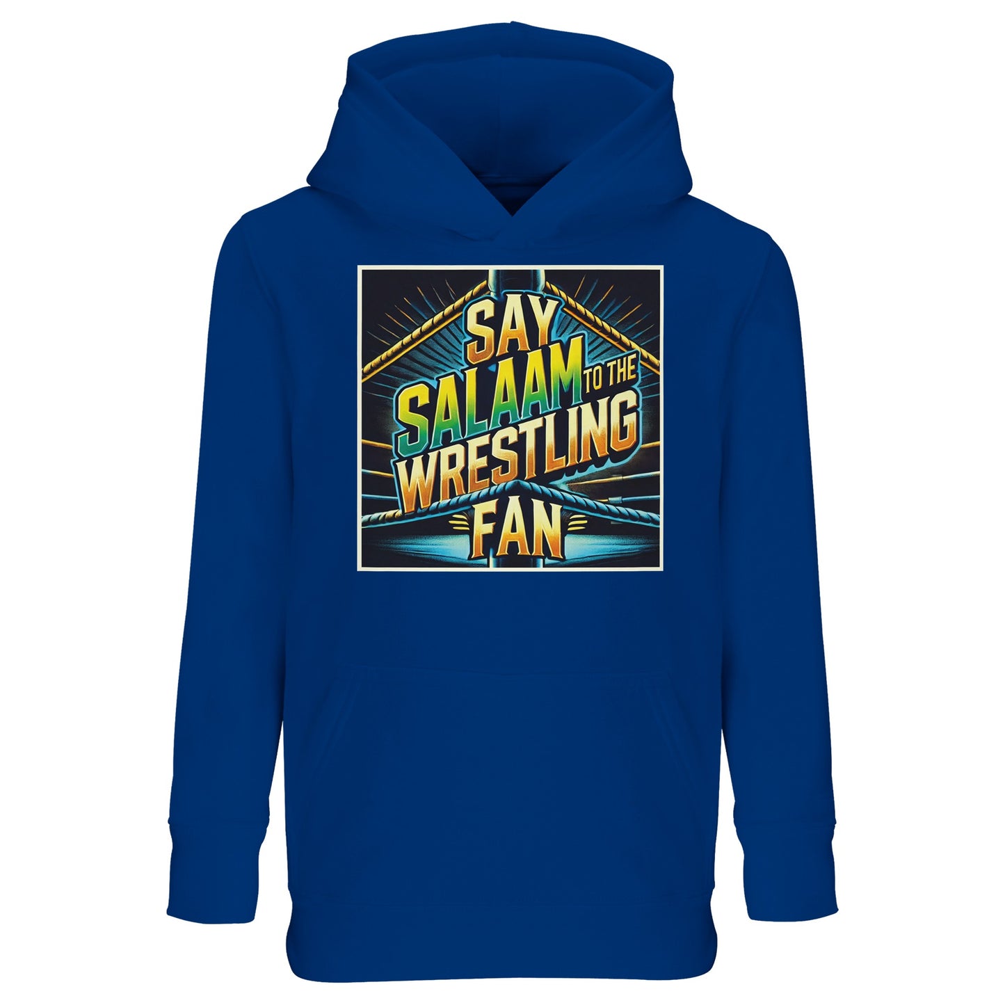 Say Salaam to the Wrestling Fan Design #1 Part-Recycled Cotton-Poly Kids Hoodie – Royal Blue / Dark Midnight Blue showcasing a bright squared-ring graphic with stacked type. Soft, durable and modest for Muslim kids who follow title belts, tag teams and weekly shows. Recycled cotton-poly fleece feels cosy for winter school runs and match nights. Sponsor-free, culture-led streetwear at a good price: faith, fandom and function stitched together for young grapplers who give Salaam and bring the pop.
