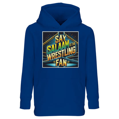 Say Salaam to the Wrestling Fan Design #1 Part-Recycled Cotton-Poly Kids Hoodie – Royal Blue / Dark Midnight Blue showcasing a bright squared-ring graphic with stacked type. Soft, durable and modest for Muslim kids who follow title belts, tag teams and weekly shows. Recycled cotton-poly fleece feels cosy for winter school runs and match nights. Sponsor-free, culture-led streetwear at a good price: faith, fandom and function stitched together for young grapplers who give Salaam and bring the pop.