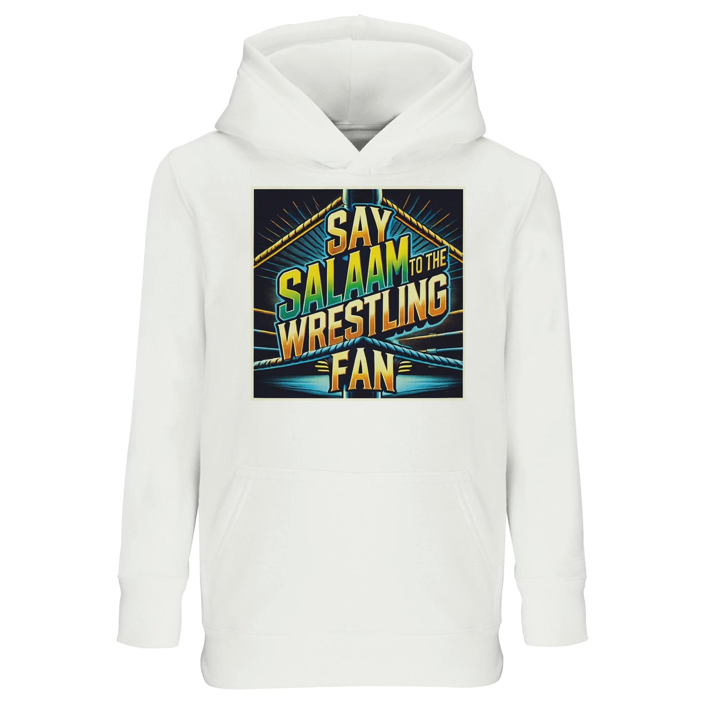 Say Salaam to the Wrestling Fan Design #1 Part-Recycled Cotton-Poly Kids Hoodie – White / Platinum featuring bold Wrestlemania-style lettering with ‘Wrestling’ in gold, sky blue and white, plus a mini championship belt. A modest, graphic hooded top for Muslim children and teenagers into pyro entrances, wild finishers and high-flying moves. Soft, sustainable pullover for boys, girls or unisex fans cutting promos, collecting merch or saying Salaam before the slam. Giftable, halal, and ready for school or Eid.