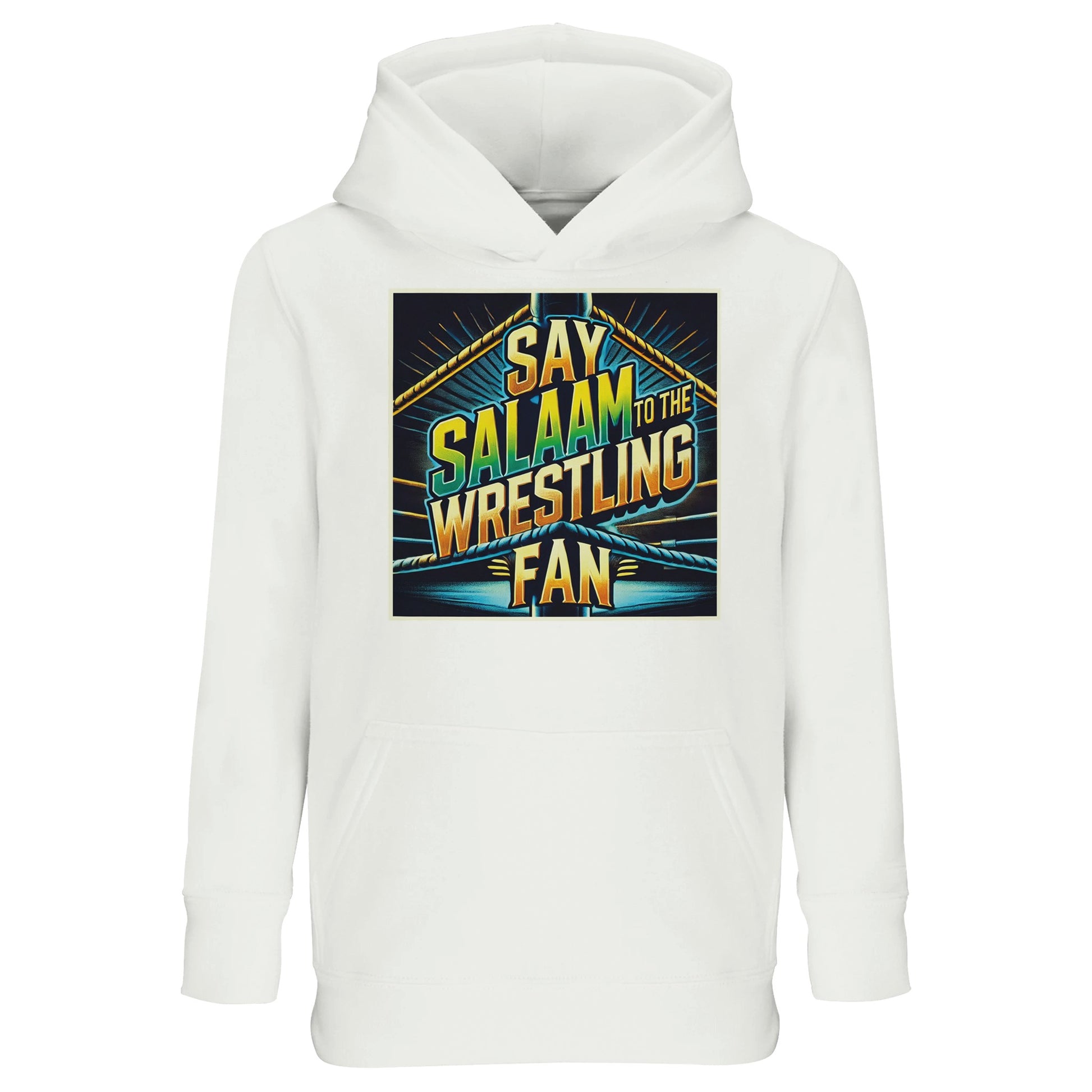 Say Salaam to the Wrestling Fan Design #1 Part-Recycled Cotton-Poly Kids Hoodie – White / Platinum featuring bold Wrestlemania-style lettering with ‘Wrestling’ in gold, sky blue and white, plus a mini championship belt. A modest, graphic hooded top for Muslim children and teenagers into pyro entrances, wild finishers and high-flying moves. Soft, sustainable pullover for boys, girls or unisex fans cutting promos, collecting merch or saying Salaam before the slam. Giftable, halal, and ready for school or Eid.