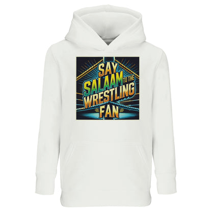 Say Salaam to the Wrestling Fan Design #1 Part-Recycled Cotton-Poly Kids Hoodie – White / Platinum featuring bold Wrestlemania-style lettering with ‘Wrestling’ in gold, sky blue and white, plus a mini championship belt. A modest, graphic hooded top for Muslim children and teenagers into pyro entrances, wild finishers and high-flying moves. Soft, sustainable pullover for boys, girls or unisex fans cutting promos, collecting merch or saying Salaam before the slam. Giftable, halal, and ready for school or Eid.