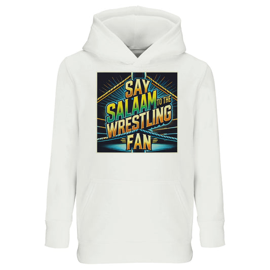 Say Salaam to the Wrestling Fan Design #1 Part-Recycled Cotton-Poly Kids Hoodie – White / Platinum featuring bold Wrestlemania-style lettering with ‘Wrestling’ in gold, sky blue and white, plus a mini championship belt. A modest, graphic hooded top for Muslim children and teenagers into pyro entrances, wild finishers and high-flying moves. Soft, sustainable pullover for boys, girls or unisex fans cutting promos, collecting merch or saying Salaam before the slam. Giftable, halal, and ready for school or Eid.