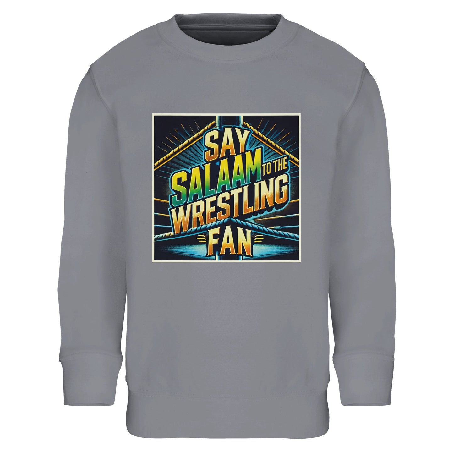 Say Salaam to the Wrestling Fan Design #1 Part-Recycled Cotton-Poly Kids Sweatshirt – Ash / Silver Chalice featuring squared-ring artwork in bold yellow, green and teal. A soft, modest long-sleeved top for Muslim children who enjoy the buzz of wrestling and the calm of good manners after the bell. The cotton-poly fabric is warm yet breathable, with ribbed cuffs and hem that keep their shape. Easy to wash, durable and fairly priced, this pullover brings friendly ring-side energy.
