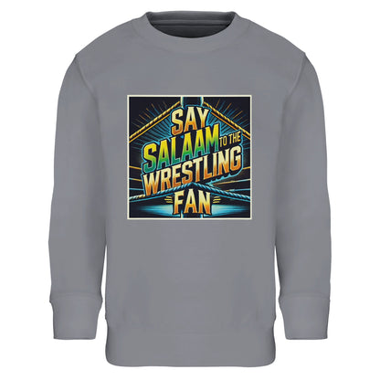 Say Salaam to the Wrestling Fan Design #1 Part-Recycled Cotton-Poly Kids Sweatshirt – Ash / Silver Chalice featuring squared-ring artwork in bold yellow, green and teal. A soft, modest long-sleeved top for Muslim children who enjoy the buzz of wrestling and the calm of good manners after the bell. The cotton-poly fabric is warm yet breathable, with ribbed cuffs and hem that keep their shape. Easy to wash, durable and fairly priced, this pullover brings friendly ring-side energy.