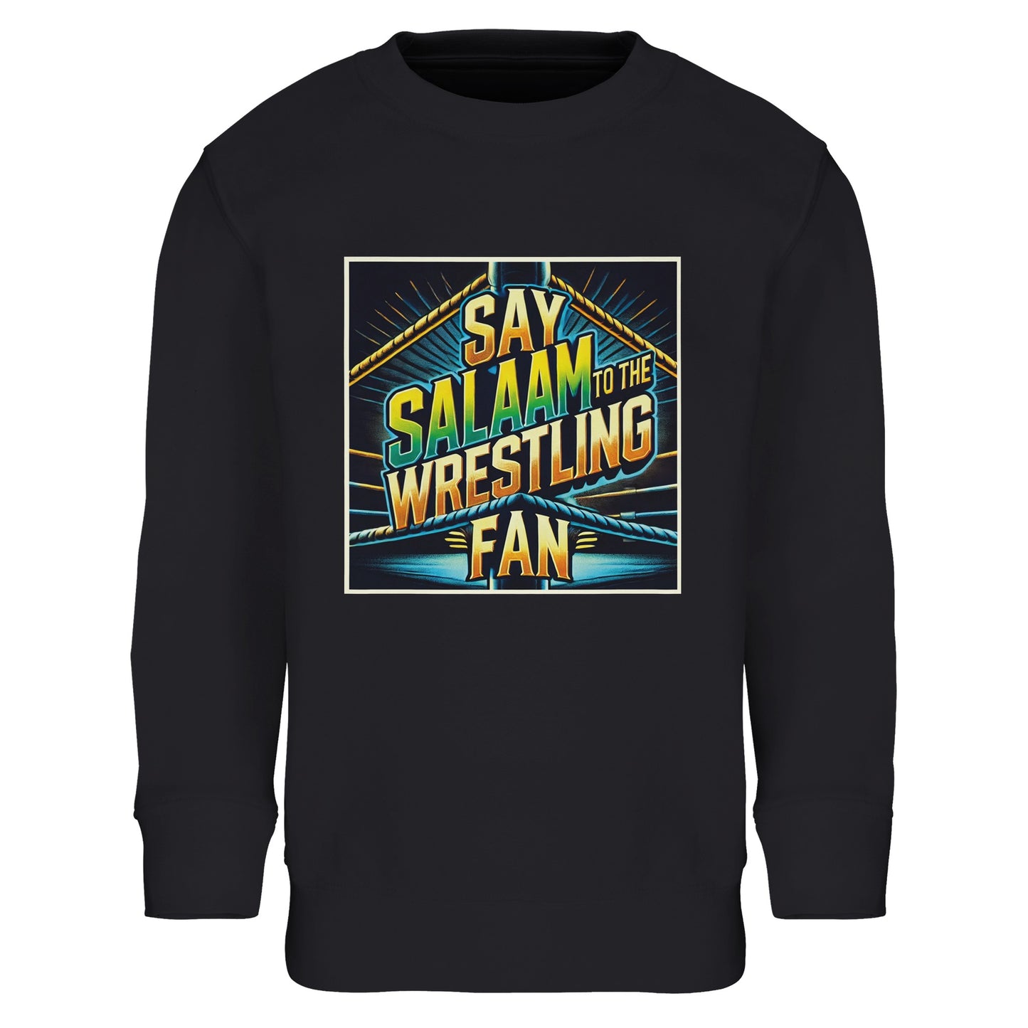 Say Salaam to the Wrestling Fan Design #1 Part-Recycled Cotton-Poly Kids Sweatshirt – Black / Deep Black / Zeus featuring bold squared-ring artwork in gold and teal over a dark base. Made for Muslim kids who enjoy the thrill of wrestling while dressing modestly. The brushed cotton-poly fabric provides warmth without bulk and softness without fuss. A versatile pullover for cooler off school months. Durable, easy to wash and fairly priced, it mixes sports energy with simple, faith-friendly comfort.
