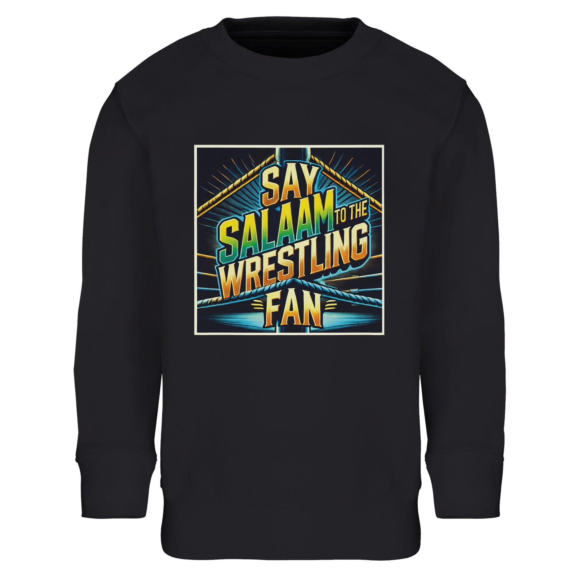 Say Salaam to the Wrestling Fan Design #1 Part-Recycled Cotton-Poly Kids Sweatshirt – Black / Deep Black / Zeus featuring bold squared-ring artwork in gold and teal over a dark base. Made for Muslim kids who enjoy the thrill of wrestling while dressing modestly. The brushed cotton-poly fabric provides warmth without bulk and softness without fuss. A versatile pullover for cooler off school months. Durable, easy to wash and fairly priced, it mixes sports energy with simple, faith-friendly comfort.