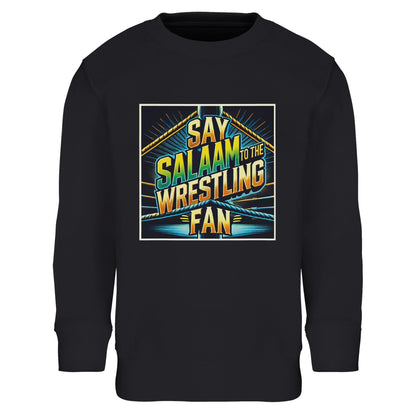 Say Salaam to the Wrestling Fan Design #1 Part-Recycled Cotton-Poly Kids Sweatshirt – Black / Deep Black / Zeus featuring bold squared-ring artwork in gold and teal over a dark base. Made for Muslim kids who enjoy the thrill of wrestling while dressing modestly. The brushed cotton-poly fabric provides warmth without bulk and softness without fuss. A versatile pullover for cooler off school months. Durable, easy to wash and fairly priced, it mixes sports energy with simple, faith-friendly comfort.