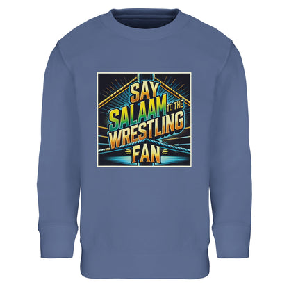 Say Salaam to the Wrestling Fan Design #1 Part-Recycled Cotton-Poly Kids Sweatshirt – Blue / Marble Blue / Waikawa Grey featuring bold squared-ring graphics with bright wrestling flair. A soft and durable pullover designed for modest Muslim kids who enjoy the sport’s spirit of energy and respect. The cotton-poly blend provides warmth and comfort for everyday use. Easy to wash, long-lasting and great value, this long-sleeved top pairs effortlessly with jeans or joggers for daily wear.