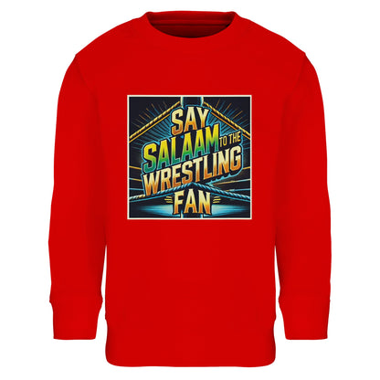 Say Salaam to the Wrestling Fan Design #1 Part-Recycled Cotton-Poly Kids Sweatshirt – Bright Red / Rosso Corsa featuring a squared-ring emblem in vibrant yellow, green and blue. A lively, modest pullover for Muslim children who love wrestling and warmth in one. The cotton-poly fabric adds softness and durability for active days at school or relaxed evenings at home. The colour adds cheer. Easy to care for and built to last, it’s a bright, comfy long-sleeved top for young fans of fun and faith.