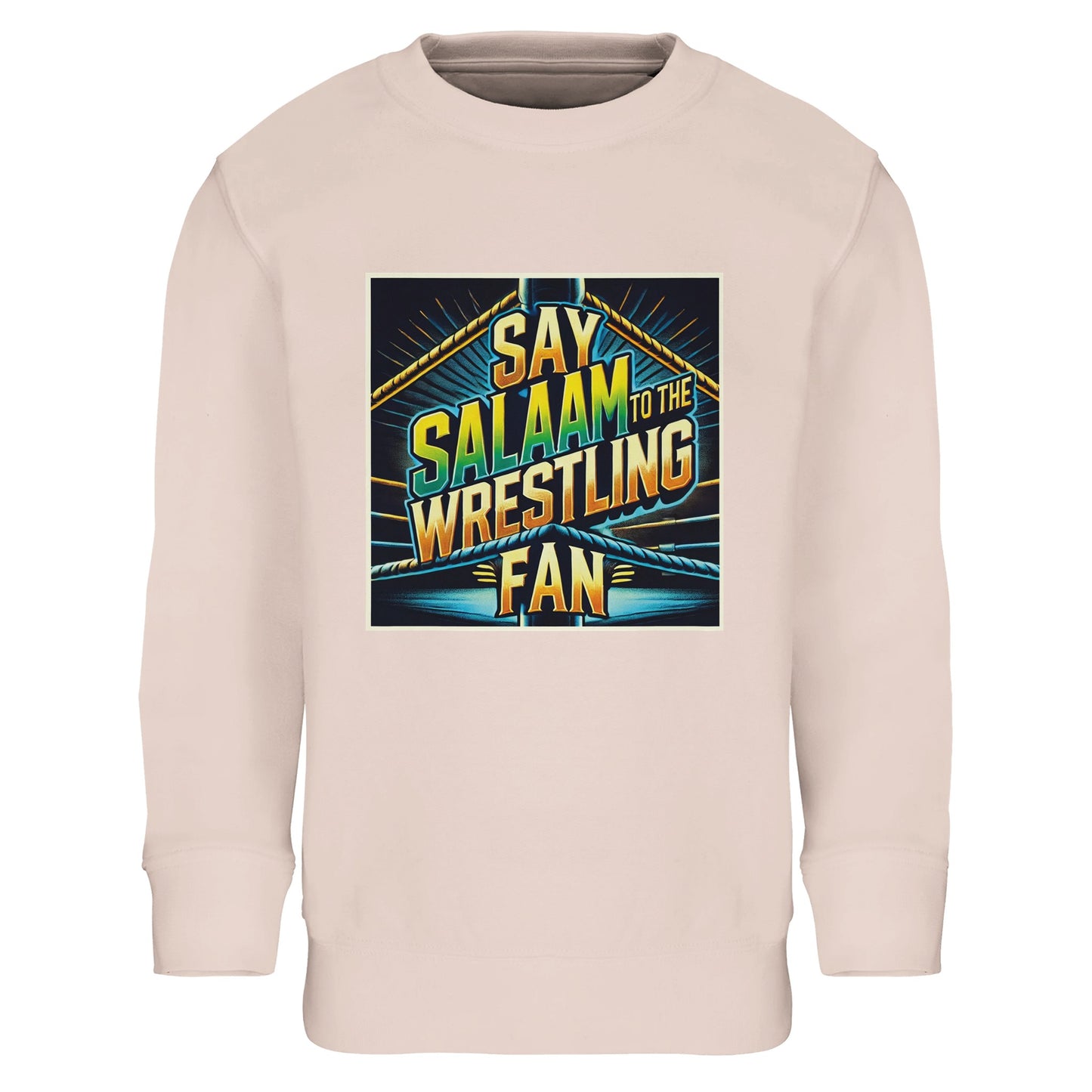Say Salaam to the Wrestling Fan Design #1 Part-Recycled Cotton-Poly Kids Sweatshirt – Creamy Pink / Oyster Pink featuring squared-ring artwork in golden yellow and turquoise. A soft, modest pullover for Muslim children who enjoy wrestling drama. The cotton-poly blend keeps it warm, durable and gentle against skin. Cuffs ensure shape retention through wear and wash. Stylish, breathable and fair-priced, this long-sleeved top brings playful colour and quiet confidence to young, faithful fans.