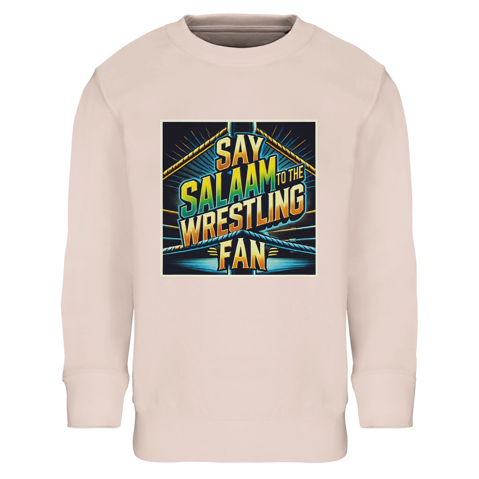 Say Salaam to the Wrestling Fan Design #1 Part-Recycled Cotton-Poly Kids Sweatshirt – Creamy Pink / Oyster Pink featuring squared-ring artwork in golden yellow and turquoise. A soft, modest pullover for Muslim children who enjoy wrestling drama. The cotton-poly blend keeps it warm, durable and gentle against skin. Cuffs ensure shape retention through wear and wash. Stylish, breathable and fair-priced, this long-sleeved top brings playful colour and quiet confidence to young, faithful fans.