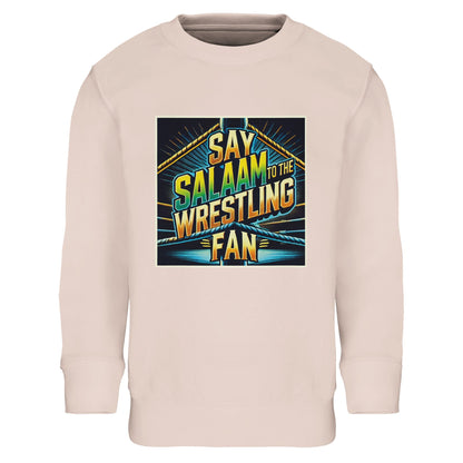 Say Salaam to the Wrestling Fan Design #1 Part-Recycled Cotton-Poly Kids Sweatshirt – Creamy Pink / Oyster Pink featuring squared-ring artwork in golden yellow and turquoise. A soft, modest pullover for Muslim children who enjoy wrestling drama. The cotton-poly blend keeps it warm, durable and gentle against skin. Cuffs ensure shape retention through wear and wash. Stylish, breathable and fair-priced, this long-sleeved top brings playful colour and quiet confidence to young, faithful fans.
