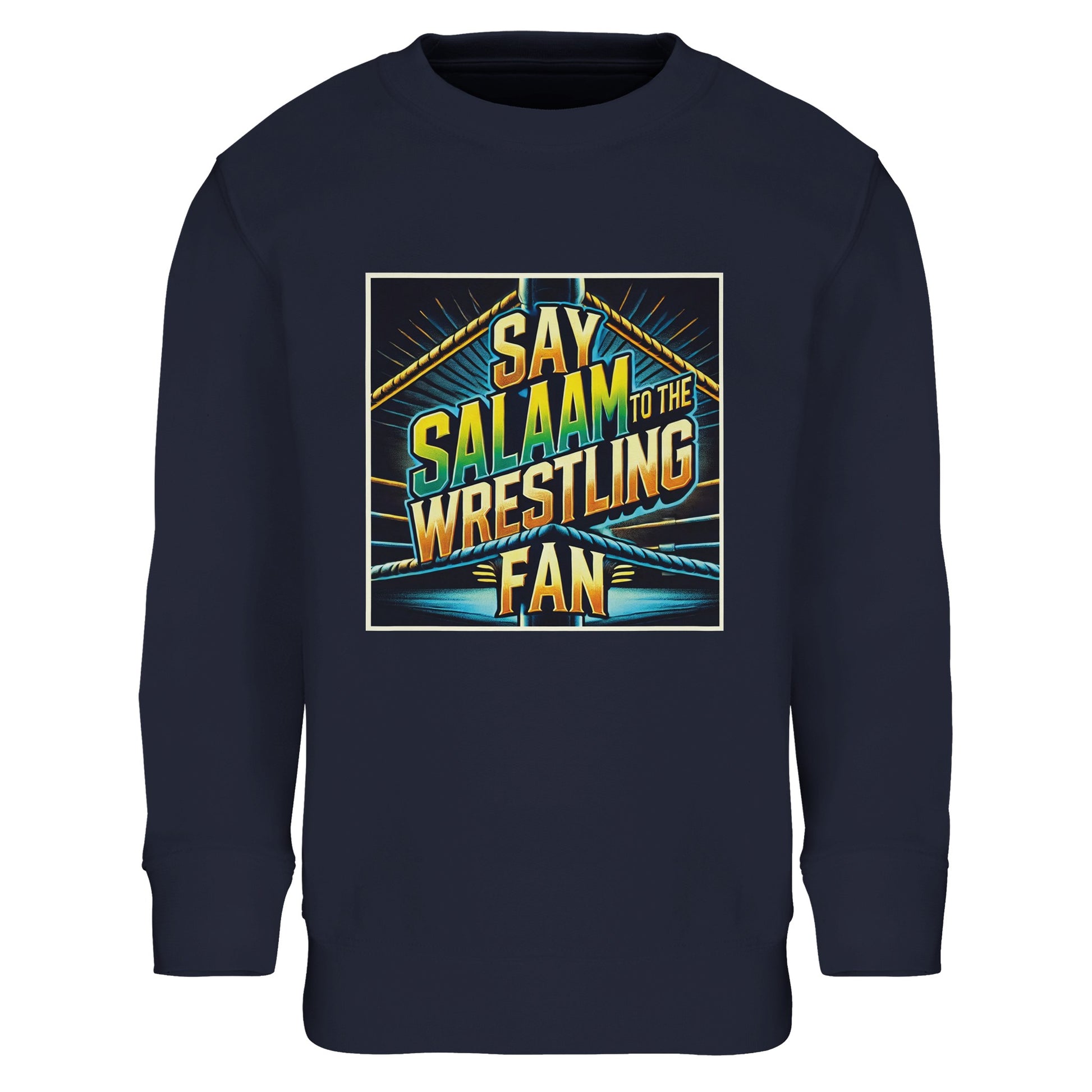 Say Salaam to the Wrestling Fan Design #1 Part-Recycled Cotton-Poly Kids Sweatshirt – French Navy / Ebony Clay with squared-ring artwork in golden yellow and teal. A faith-friendly pullover that blends athletic design with everyday modesty. Made for Muslim children who love wrestling’s excitement but dress with comfort and care. The brushed fleece interior adds warmth and a snug fit. Durable, breathable and lightweight, this long-sleeved top fits easily under jackets for year-round layering and play.