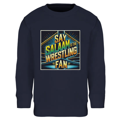 Say Salaam to the Wrestling Fan Design #1 Part-Recycled Cotton-Poly Kids Sweatshirt – French Navy / Ebony Clay with squared-ring artwork in golden yellow and teal. A faith-friendly pullover that blends athletic design with everyday modesty. Made for Muslim children who love wrestling’s excitement but dress with comfort and care. The brushed fleece interior adds warmth and a snug fit. Durable, breathable and lightweight, this long-sleeved top fits easily under jackets for year-round layering and play.