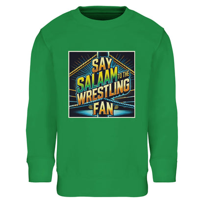 Say Salaam to the Wrestling Fan Design #1 Part-Recycled Cotton-Poly Kids Sweatshirt – Kelly Green / Outer Space featuring squared-ring artwork in bold yellow, blue and green tones. Made for modest, sporty Muslim kids who enjoy wrestling and value good design. The brushed cotton-poly blend feels soft, cosy and breathable. A practical long-sleeved top that’s easy to wash, great for layering and built for daily play. Durable, modest and stylish, it’s perfect for the next generation of cheerful ring-side fans.