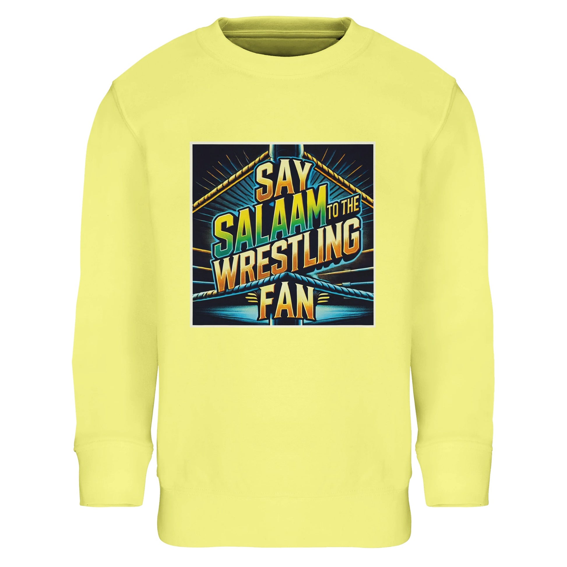 Say Salaam to the Wrestling Fan Design #1 Part-Recycled Cotton-Poly Kids Sweatshirt – Light Yellow / Lemon Chiffon featuring a squared-ring print with vibrant teal and green accents. Designed for cheerful Muslim wrestling fans. The soft brushed fabric provides gentle warmth and lasting shape. Easy to wash and ideal for casual days or playtime, this long-sleeved top balances energy, modesty and style. Bright, comfortable and dependable, it’s everyday wear for kids.