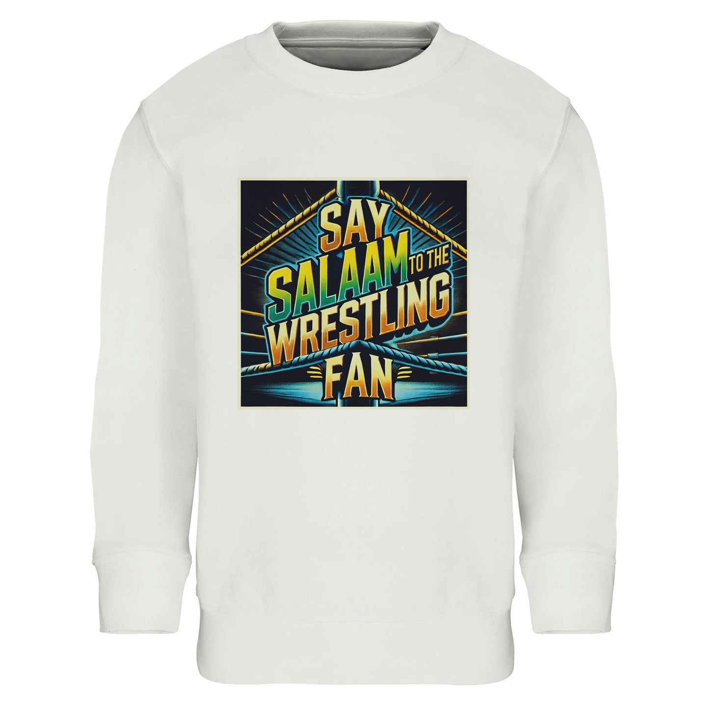 Say Salaam to the Wrestling Fan Design #1 Part-Recycled Cotton-Poly Kids Sweatshirt – White / Platinum featuring a squared-ring print in yellow, green and blue. A soft, modest sweatshirt for Muslim children who cheer through the action and play. The cotton-poly blend makes it durable, warm and breathable, ideal for weekend match nights or relaxed schooldays. This long-sleeved top fits neatly, feels light and washes easily — designed for young fans who bring faith and friendliness to every ring entrance.