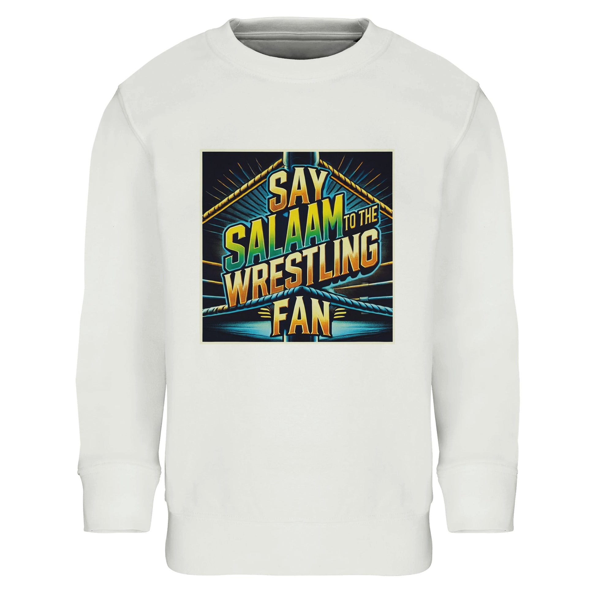 Say Salaam to the Wrestling Fan Design #1 Part-Recycled Cotton-Poly Kids Sweatshirt – White / Platinum featuring a squared-ring print in yellow, green and blue. A soft, modest sweatshirt for Muslim children who cheer through the action and play. The cotton-poly blend makes it durable, warm and breathable, ideal for weekend match nights or relaxed schooldays. This long-sleeved top fits neatly, feels light and washes easily — designed for young fans who bring faith and friendliness to every ring entrance.