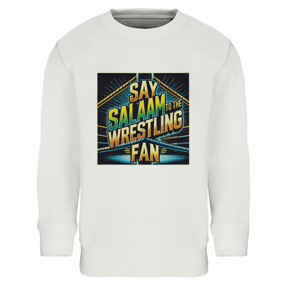Say Salaam to the Wrestling Fan Design #1 Part-Recycled Cotton-Poly Kids Sweatshirt – White / Platinum featuring a squared-ring print in yellow, green and blue. A soft, modest sweatshirt for Muslim children who cheer through the action and play. The cotton-poly blend makes it durable, warm and breathable, ideal for weekend match nights or relaxed schooldays. This long-sleeved top fits neatly, feels light and washes easily — designed for young fans who bring faith and friendliness to every ring entrance.